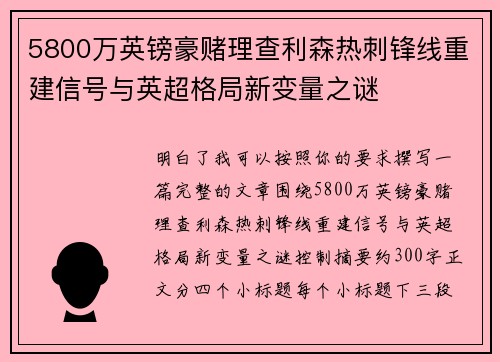 5800万英镑豪赌理查利森热刺锋线重建信号与英超格局新变量之谜